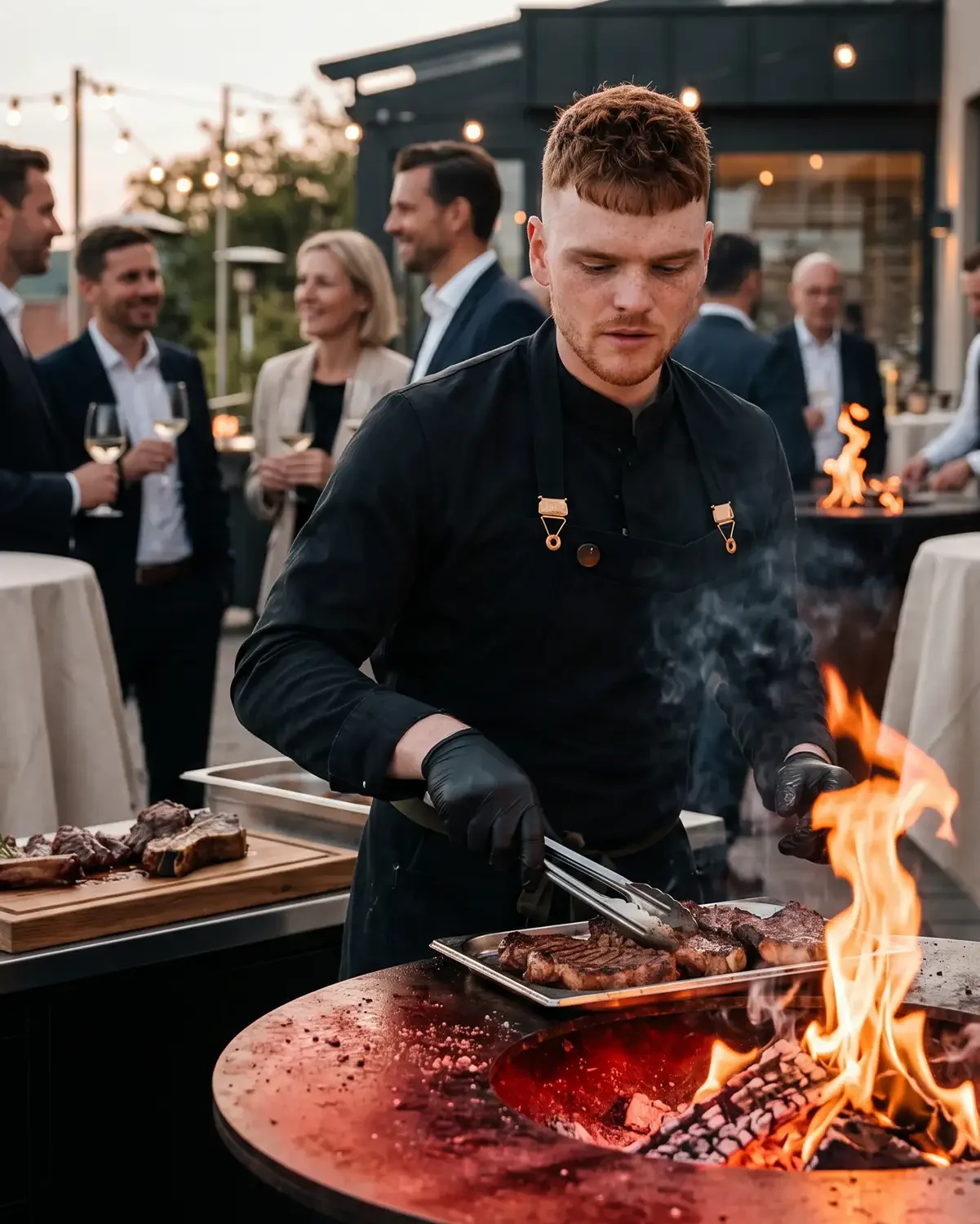 Koch beim Live-Cooking vor den Gästen eines Firmenevents
